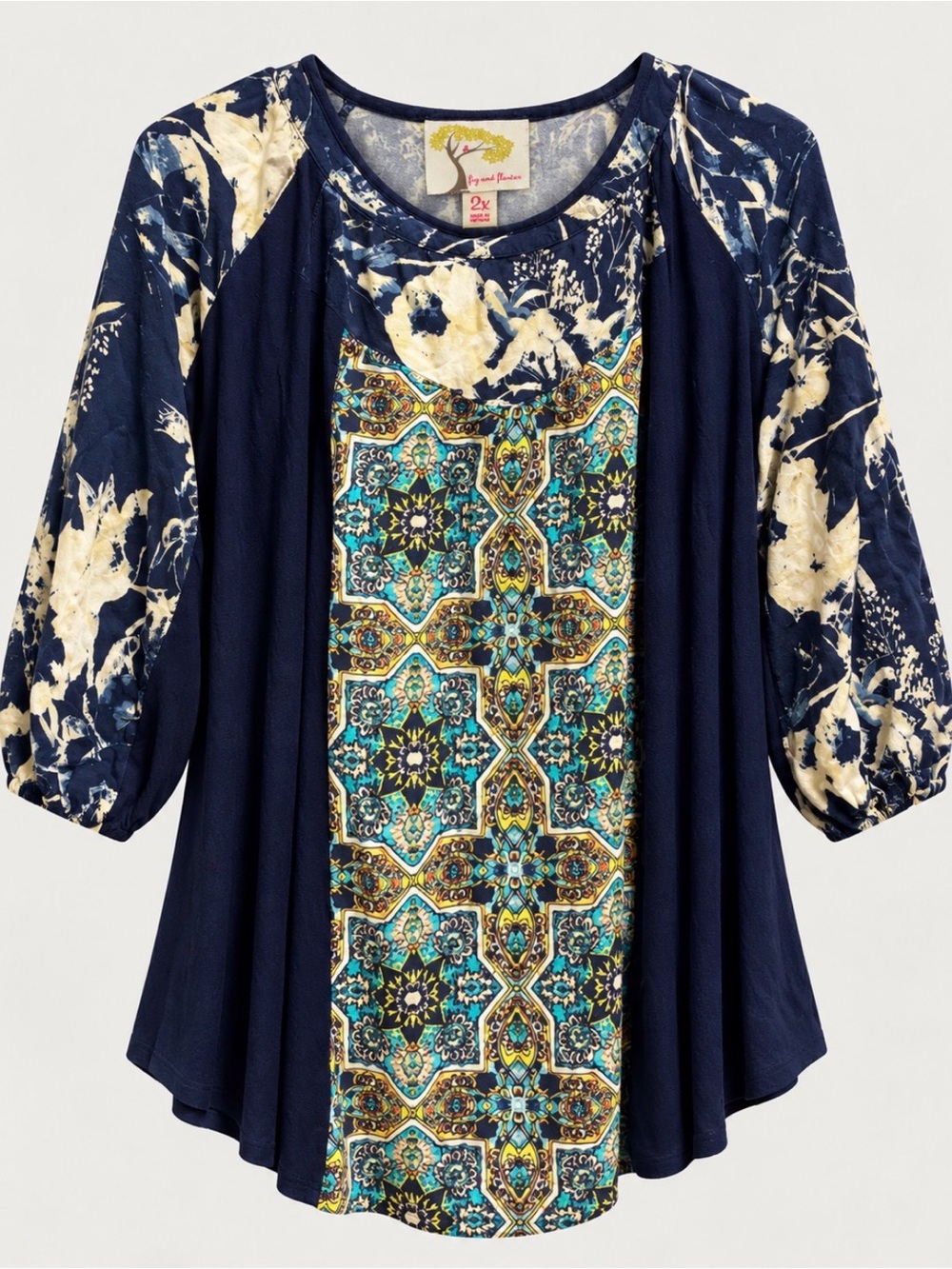fig and flower Navy Tunic with Cream Floral Sleeves and Teal Mosaic Panel
